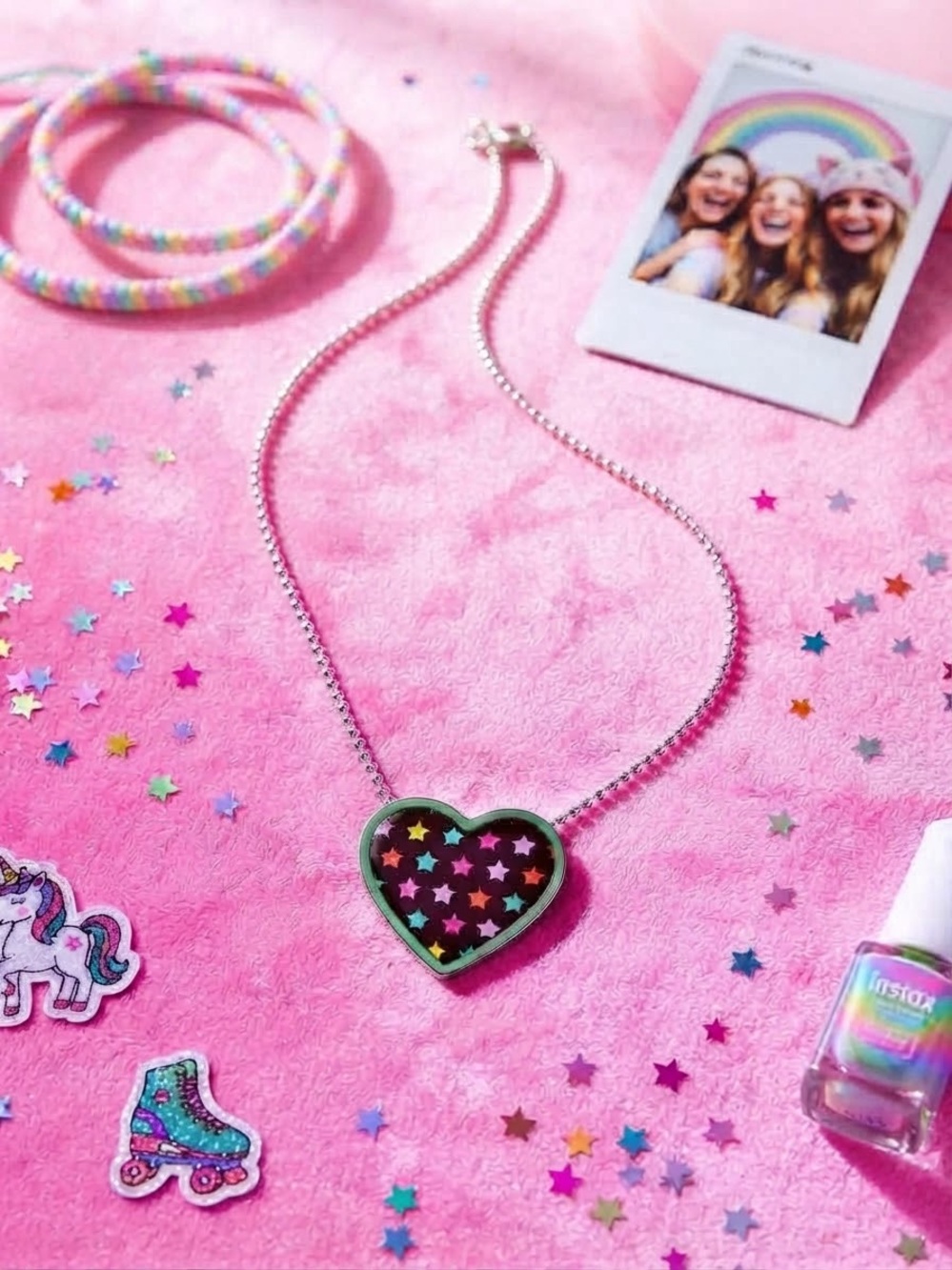 Kids Heart Pendant Necklace with Multicolor Star Pattern - Unbranded